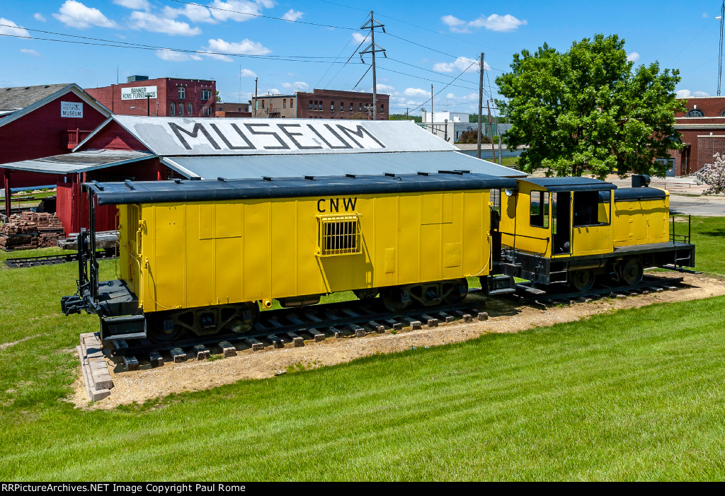 USAX 2358, Davenport 20T, and CNW 10515 ex CGW 616 Caboose on display at the Clinton County Historical Museum at Riverview Park